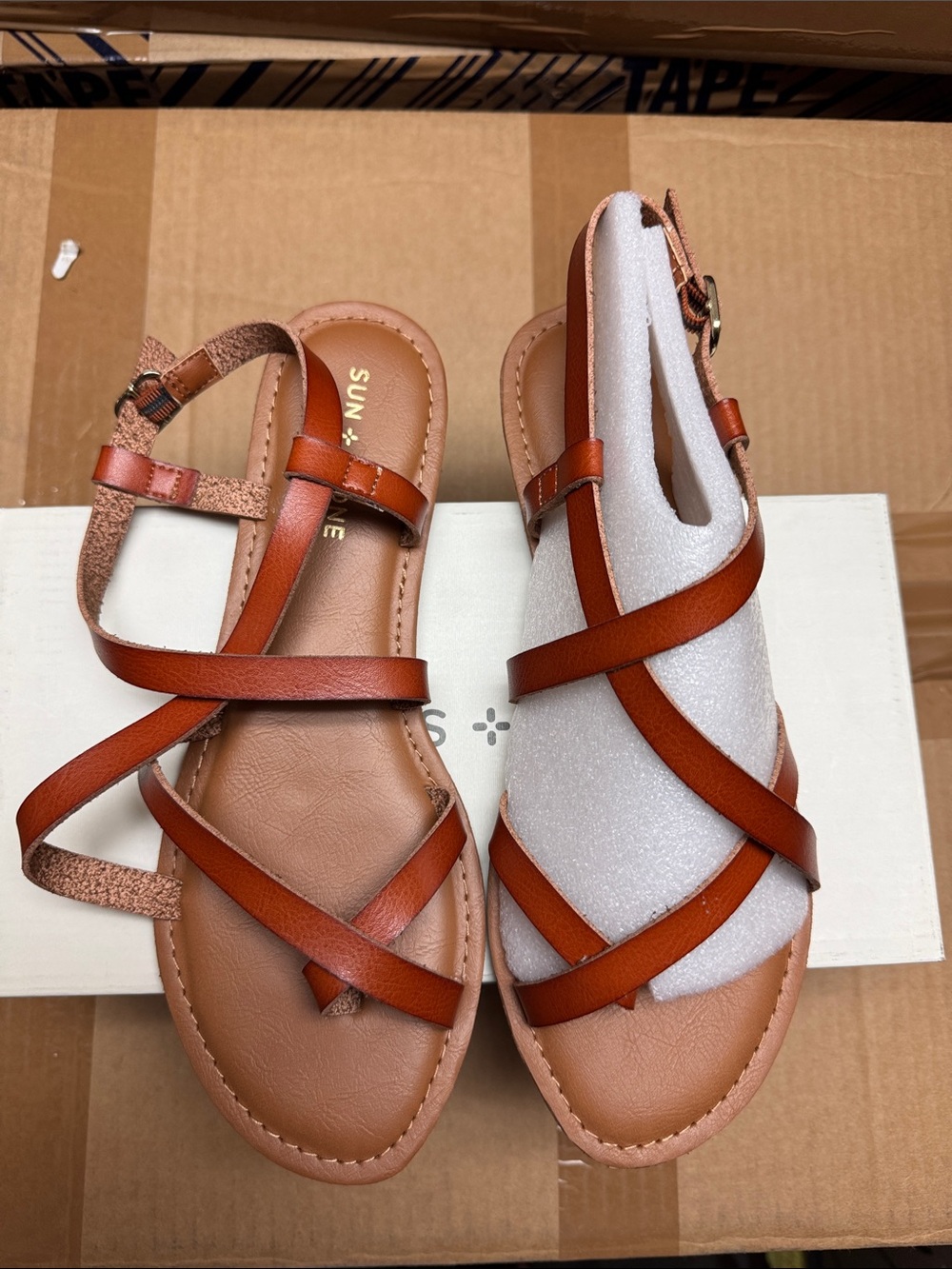 Sun + Stone Roxxie Cognac Brown Strappy Leather Sandals